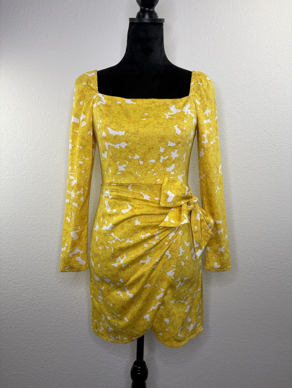 RAHI Anthropologie Yellow Print Faux Wrap Long Sleeve Mini Dress Small